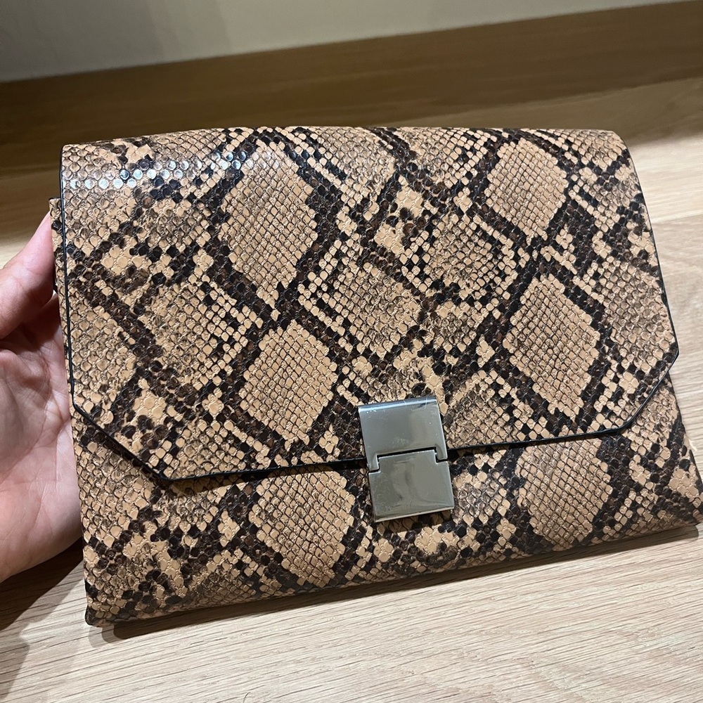 Zara Snake Print Clutch - Brown and Black with silver chain strap and closure